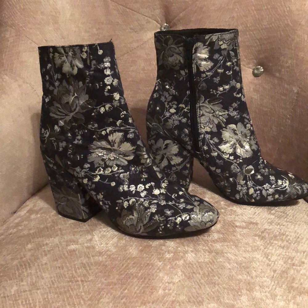 Blue Floral Chunky Heeled Booties